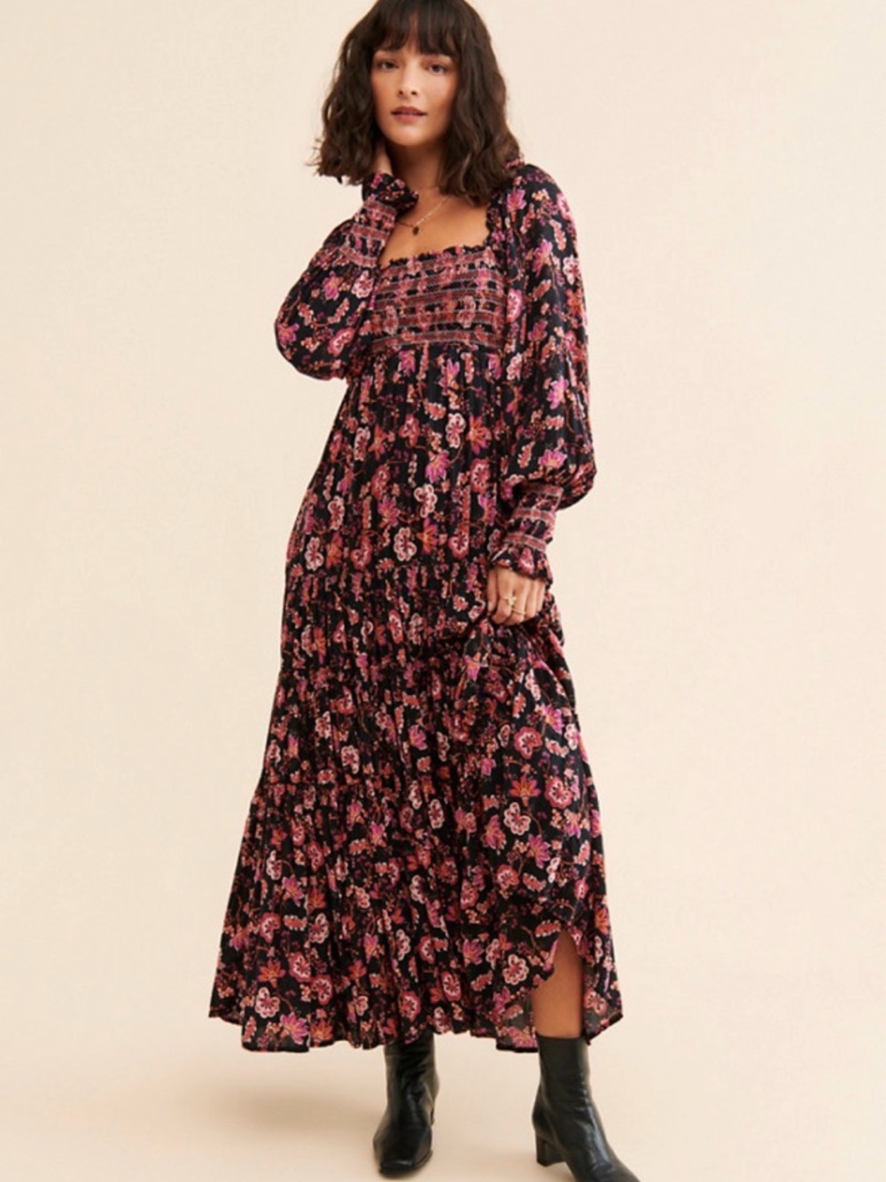 Free People Black Maxi Dress with Pink Floral Print